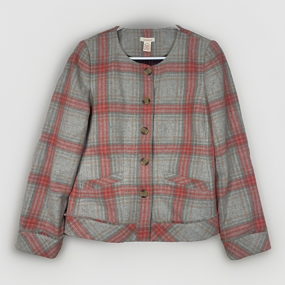 Sundance Size 8 Collarless Plaid Wool Blend Button Blazer Jacket Gray Coral